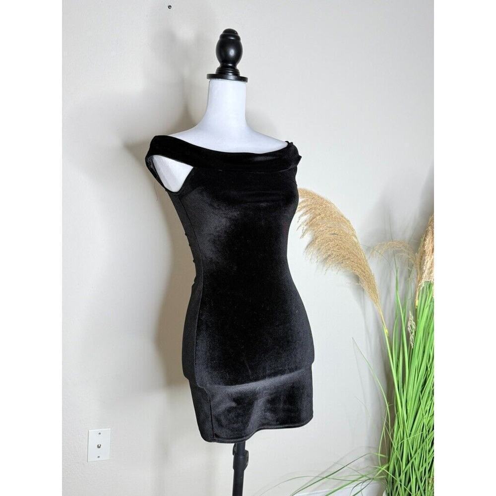Urban Outfitters Off the Shoulder Bodycon Mini Dress Black Velvet XS-TP VTG Y2K - Picture 3 of 6